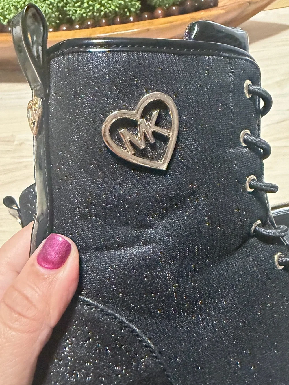 Michael Kors Black Patent Lace-Up Combat Boots with Gold Heart Detail